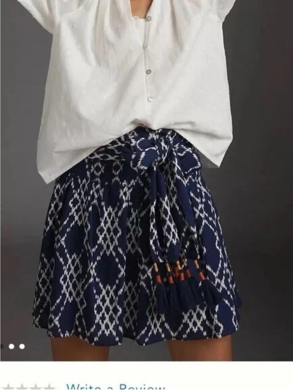 Anthropologie Navy and White Ikat Tie-Waist Skater Skirt
